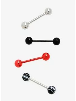 14G Steel Black & White Stripe Metallic Red Barbell 4 Pack