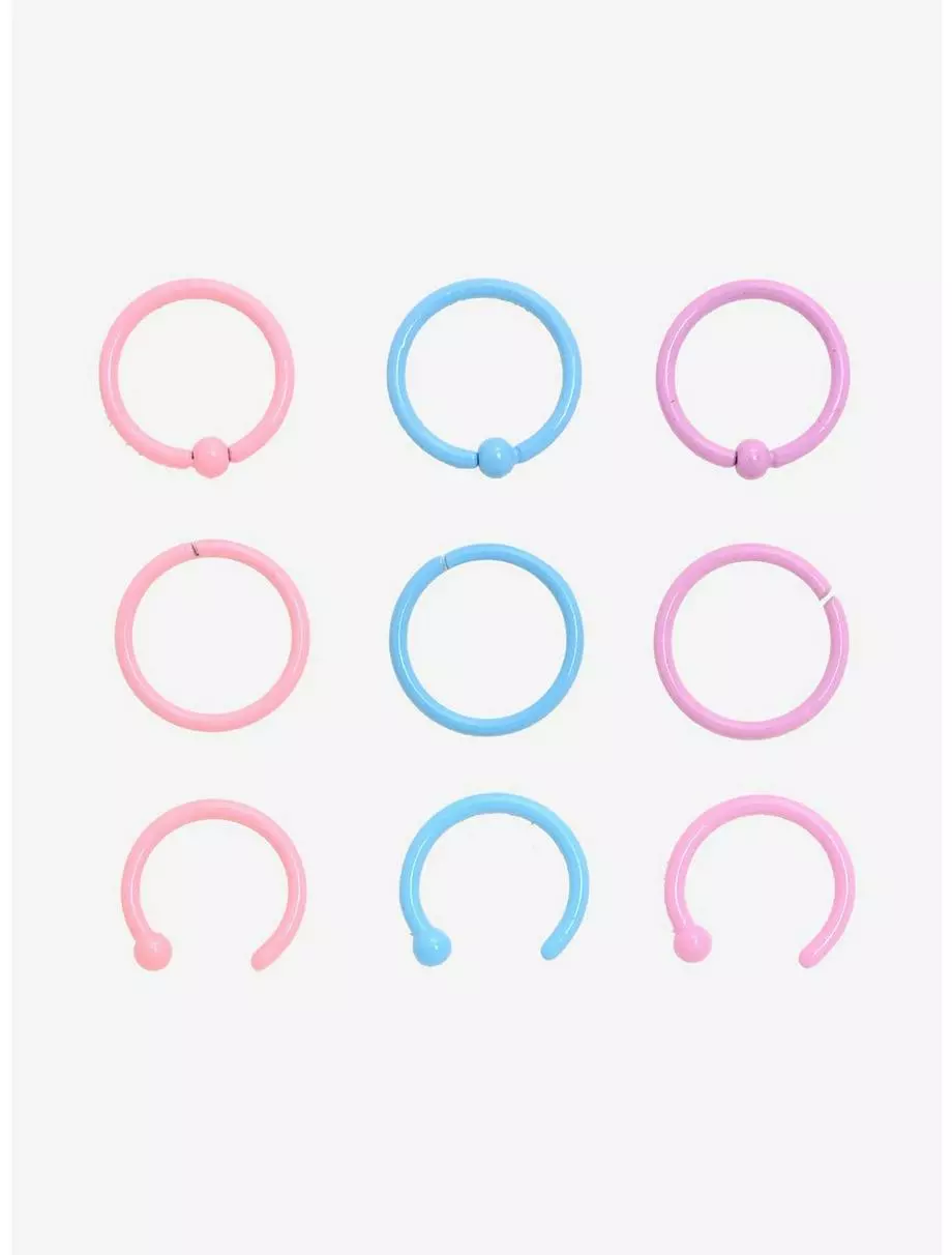 Pastel Pink Purple & Blue Seamless Captive & Open Nose Hoop 9 Pack 3 Pastel Pink Purple & Blue Seamless Captive & Open Nose Hoop 9 Pack
