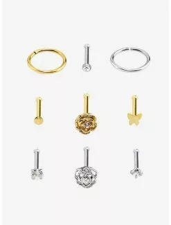 Steel Butterfly & Rose Nose Stud & Hoop 9 Pack