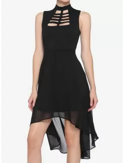 Black Caged Front Hi-Low Dress