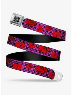 BUCKLEDOWN Broken Hearts & Roses Seatbelt Belt Fuchsia Plaid