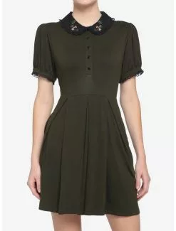 Forest Green Embroidered Collar Dress