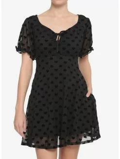 Black Flocked Heart Babydoll Dress