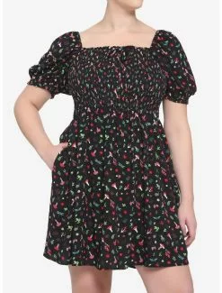 Black Mushroom Smocked Dress Plus Size