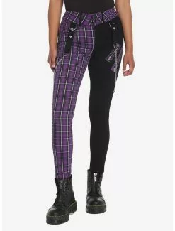 Black & Purple Plaid Split Super Skinny Jeans
