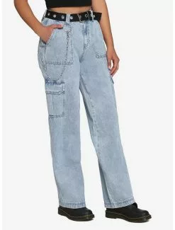 Grommet Belt Cargo Straight Leg Denim Pants