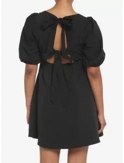 Black Back Tie Puff Sleeve Babydoll Dress