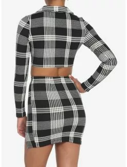 Black & White Plaid Crop Blazer & Skirt Set -Hoodies And Sweaters Shop 17912820 av2