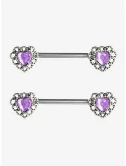 14G Steel Silver Purple Heart Gem Nipple Barbell 2 Pack