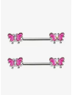 14G Steel Pink Butterfly Nipple Barbell 2 Pack