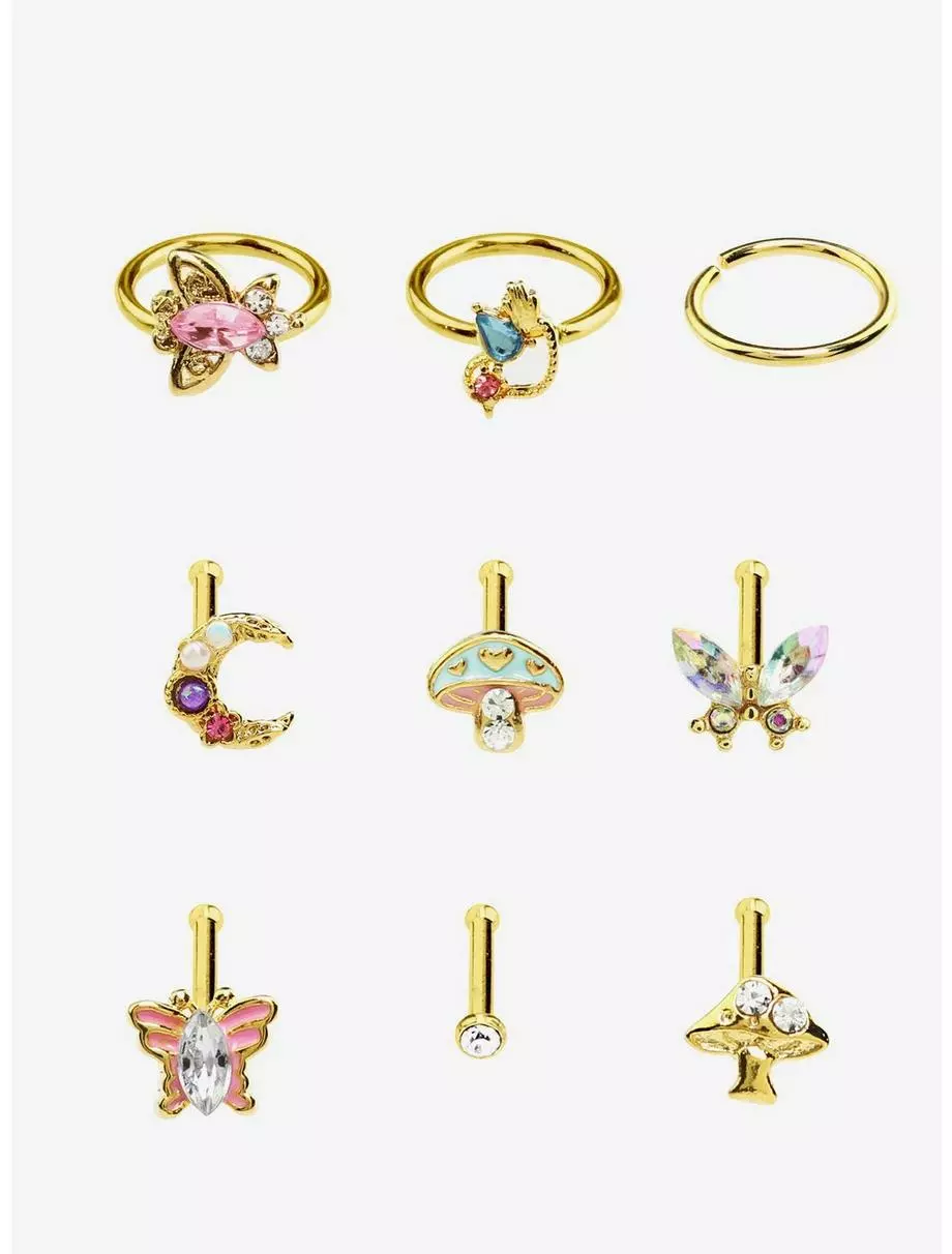 Steel Gold Cottagecore Nose Stud & Hoop 9 Pack 3 Steel Gold Cottagecore Nose Stud & Hoop 9 Pack