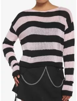 SOCIALCOLLISION Black & Pink Stripe Girls Crop Sweater