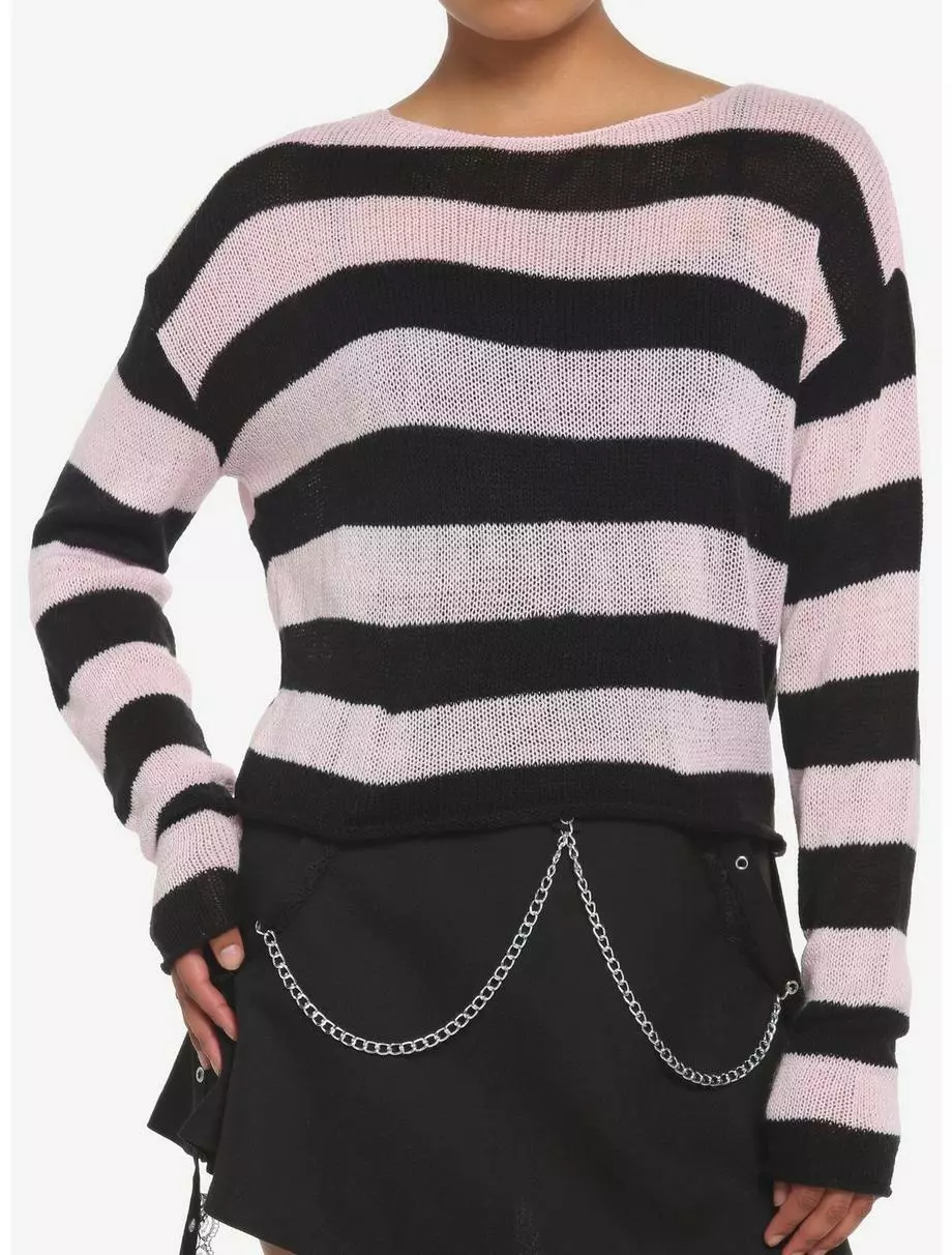 SOCIALCOLLISION Black & Pink Stripe Girls Crop Sweater 3 SOCIALCOLLISION Black & Pink Stripe Girls Crop Sweater