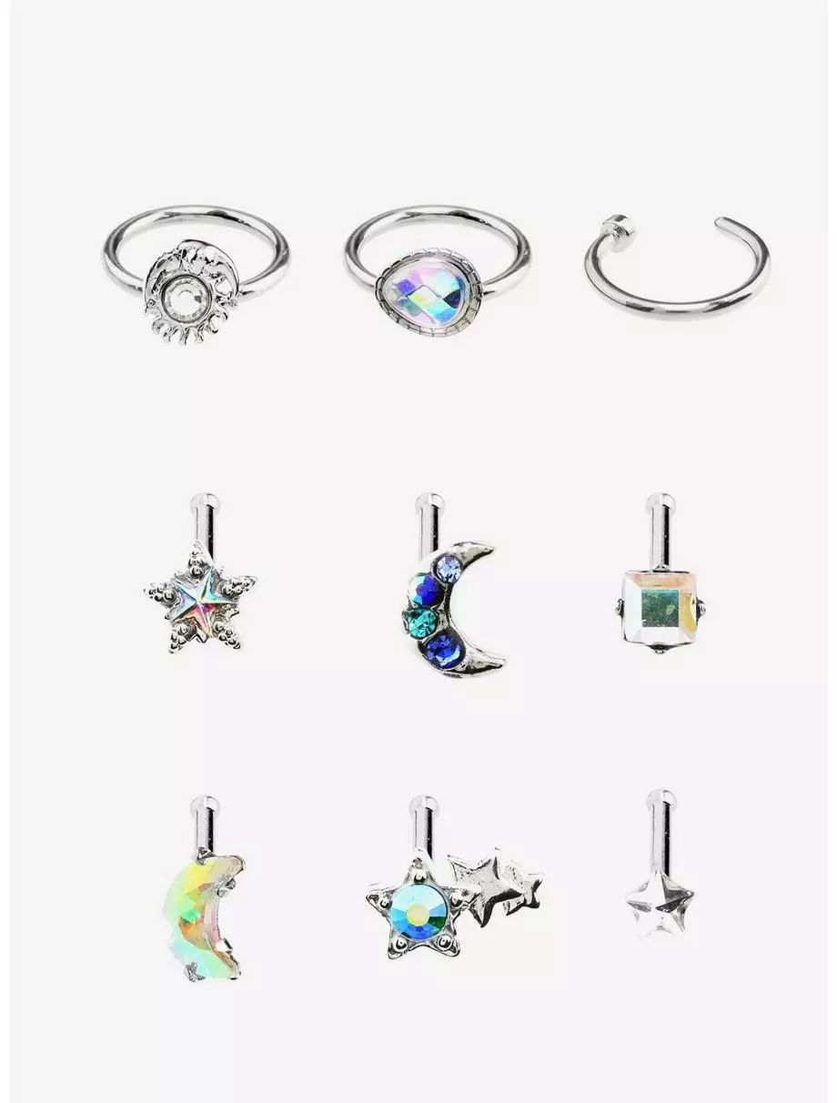 Steel Silver Celestial Nose Stud & Hoop 9 Pack 3 Steel Silver Celestial Nose Stud & Hoop 9 Pack