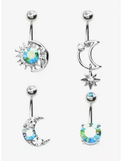 14G Steel Celestial Gem Navel Barbell 4 Pack