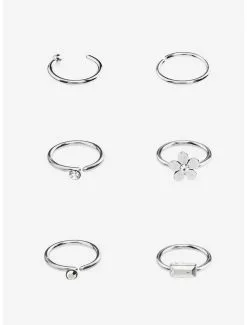 Steel Silver Flower Nose Hoop 6 Pack