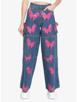 Pink Butterfly Denim Cargo Pants