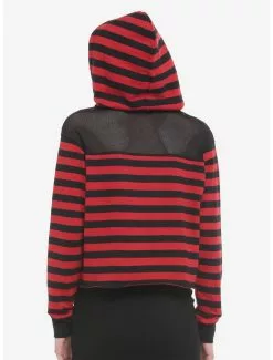 Black & Red Stripe Mesh Shoulder Crop Girls Hoodie -Hoodies And Sweaters Shop 18632091 av2