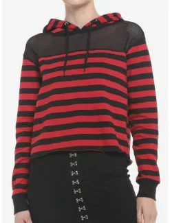 Black & Red Stripe Mesh Shoulder Crop Girls Hoodie