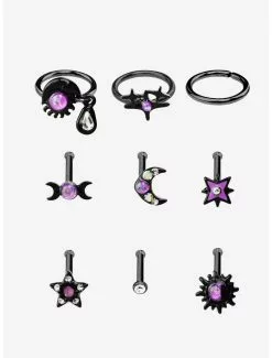 Steel Black & Purple Opal Celestial Nose Stud & Hoop 9 Pack
