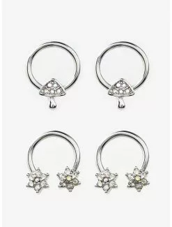 Steel Silver Mushroom Flower Curved Barbell & Captive Hoop 4 Pack