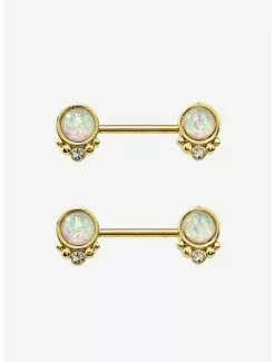 14G Steel Gold Opal Crystal Nipple Barbell 2 Pack