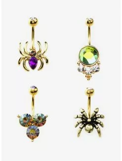 Steel Gold Spider Gem Navel Barbell 4 Pack