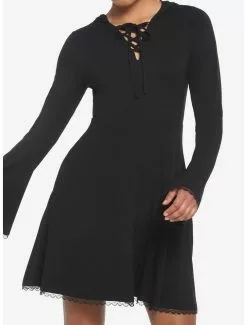 COSMICAURA Black Lace-Up Front Hooded Dress