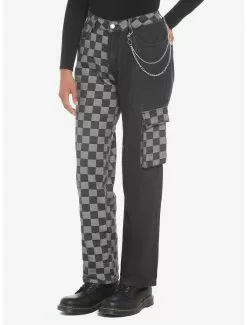 Black Checkered Split Straight Leg Jeans