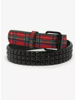Red Plaid & Black Pyramid Stud Belt