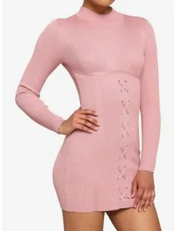 Pink Ribbed Lace-Up Mini Dress