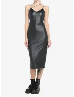 Black Faux Leather Bodycon Midi Dress