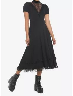 COSMICAURA Black Lace Midi Dress