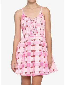 Strawberry Plaid Lace-Up Dress