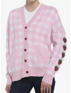 SWEETSOCIETY Pink Gingham Strawberry Heart Girls Oversized Cardigan