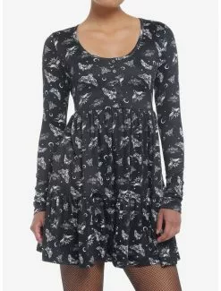 COSMICAURA Black Moon Death Moth Tiered Long-Sleeve Dress