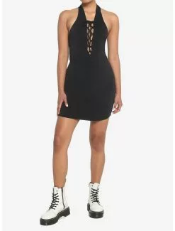 Black Lace-Up Halter Dress -Hoodies And Sweaters Shop 19541771 av1
