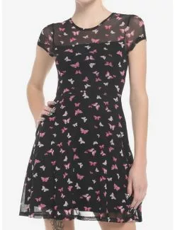 SWEETSOCIETY Pink Butterflies Mesh Mini Dress