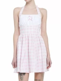 SWEETSOCIETY Pink Gingham Halter Mini Dress