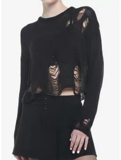 SOCIALCOLLISION Black Distressed Girls Crop Sweater