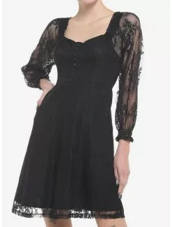 COSMICAURA Black Rose Lace Romantic Corset Long-Sleeve Dress