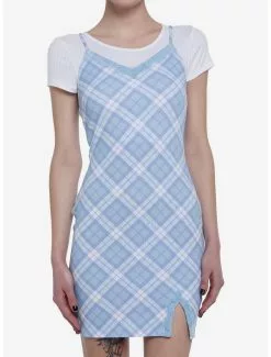 Baby Blue Plaid Twofer Dress