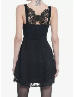 COSMICAURA Cosmic Aura Black Butterfly Lace-Up Skater Dress