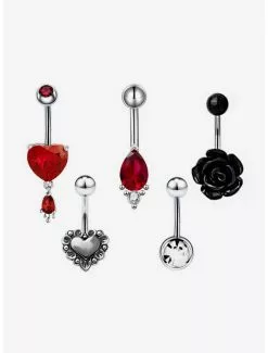 Steel Silver Heart Rose Navel Barbell 5 Pack