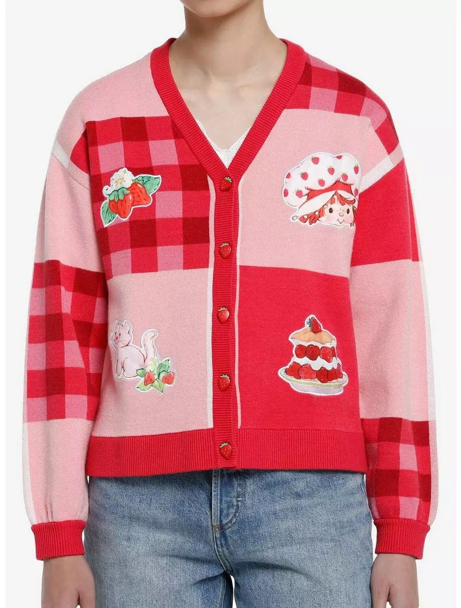 Strawberry Shortcake Gingham Patchwork Girls Cardigan 3 Strawberry Shortcake Gingham Patchwork Girls Cardigan