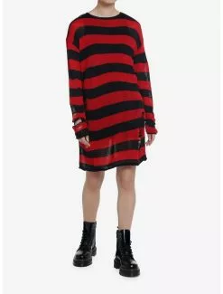 SOCIALCOLLISION Social Collision Red & Black Distressed Sweater Dress -Hoodies And Sweaters Shop 20172070 av1