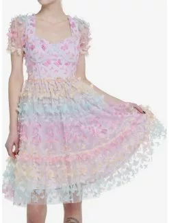 SWEETSOCIETY Sweet Society Pastel Butterfly Mesh Puff Sleeve Dress