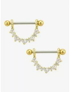 14G Steel Gold CZ Nipple Barbell 2 Pack