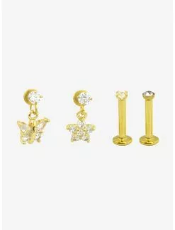 Steel Gold Butterfly Gem Labret 4 Pack
