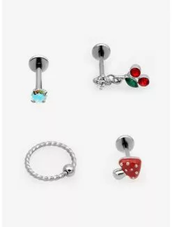 18G Steel Mushroom & Cherry Nose Stud & Hoop 4 Pack